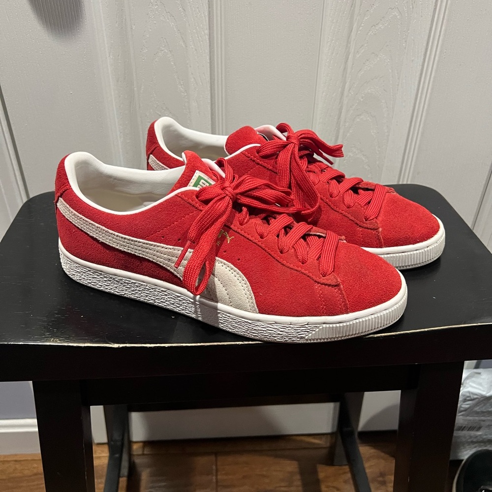 Puma Red Suede Low-Top Sneakers with White Stripe